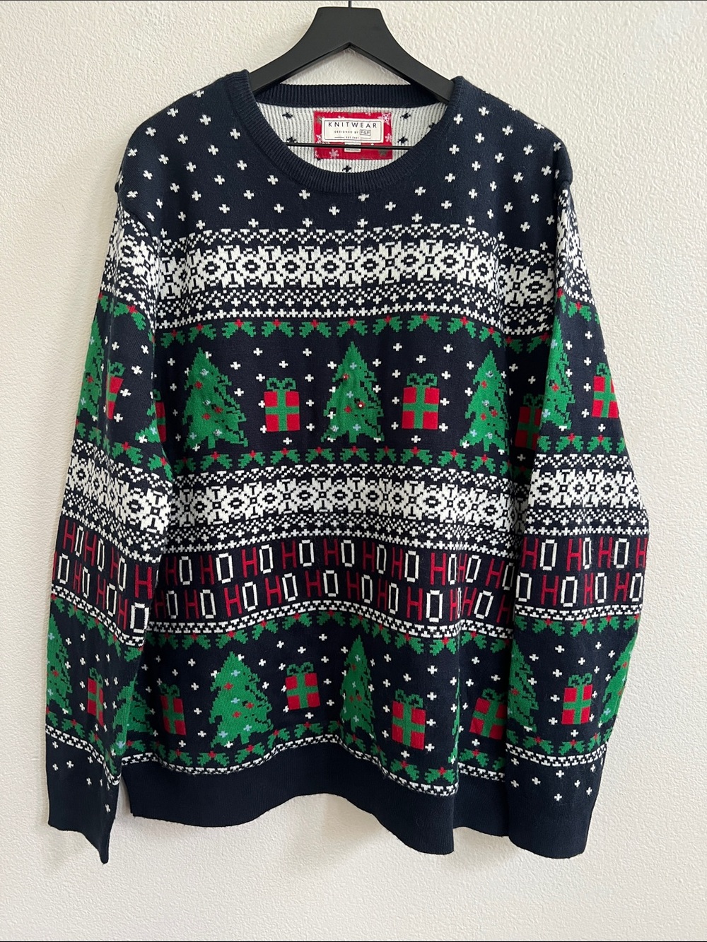 KNITWEAR "HO HO HO" Lighted Ugly Christmas Sweater  Blue Multicolor Men's 3XL